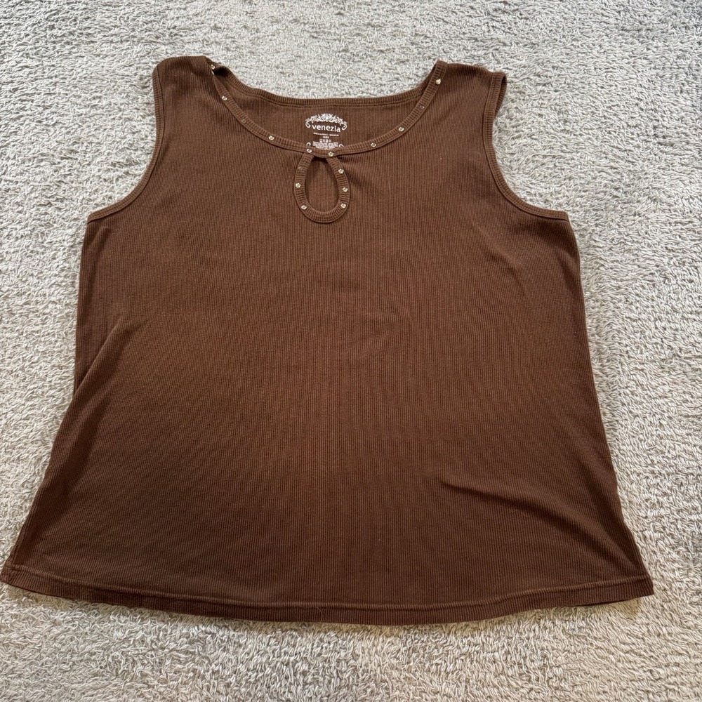 Venezia Tank Top Womens 18/20 Brown Ribbed Cotton Keyhole Rhinestone Sleeveless